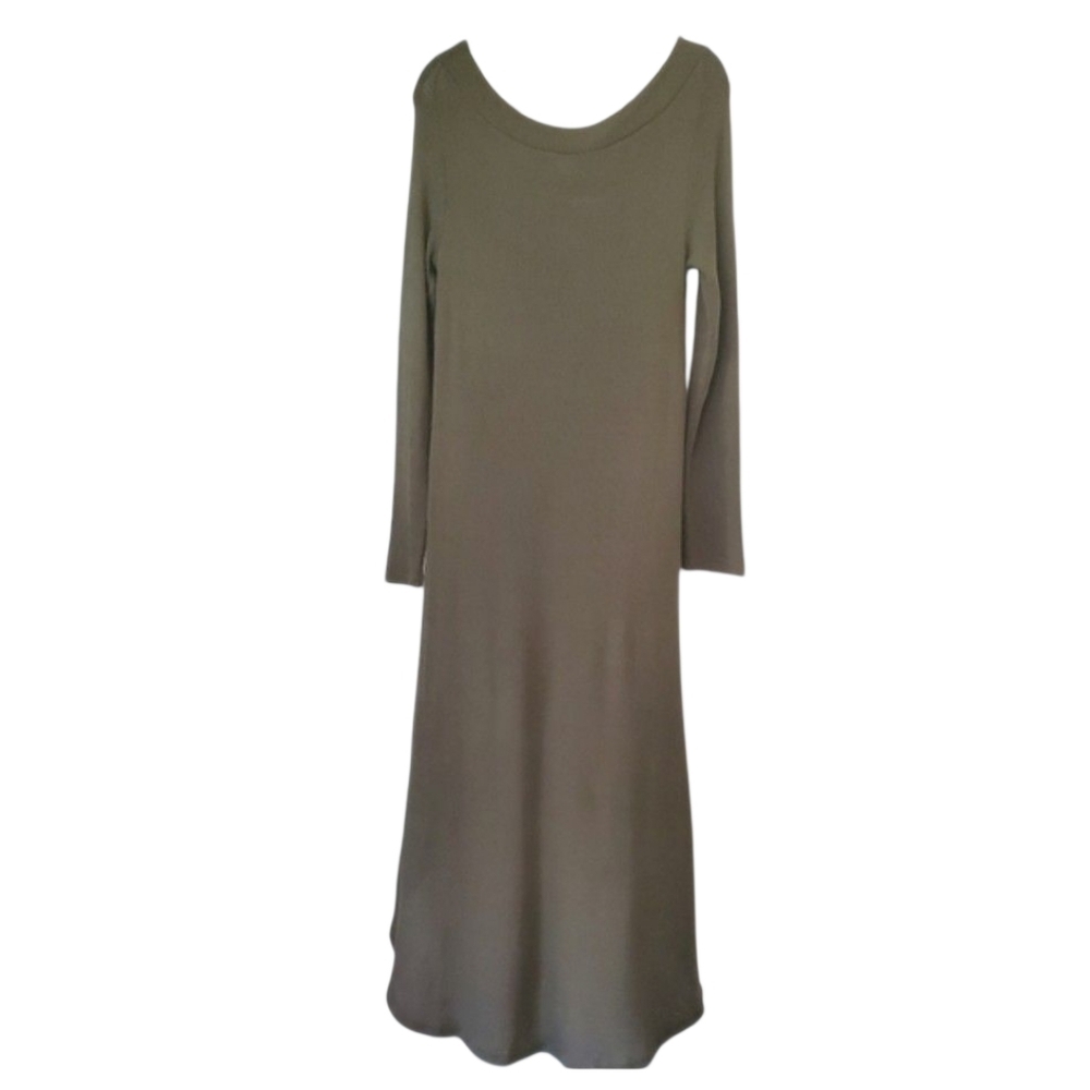 VENUS Long Sleeve Olive Knit Sweater Hi-low Split Front Boat Neck Floor Length L - Picture 3 of 7